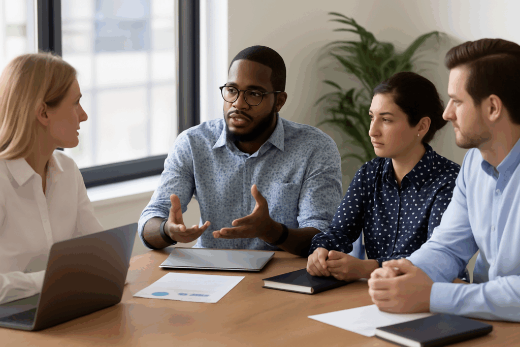Multicultural group of professionals in discussion around a table, reflecting the theme What Rights Do Minority Shareholders Have.
