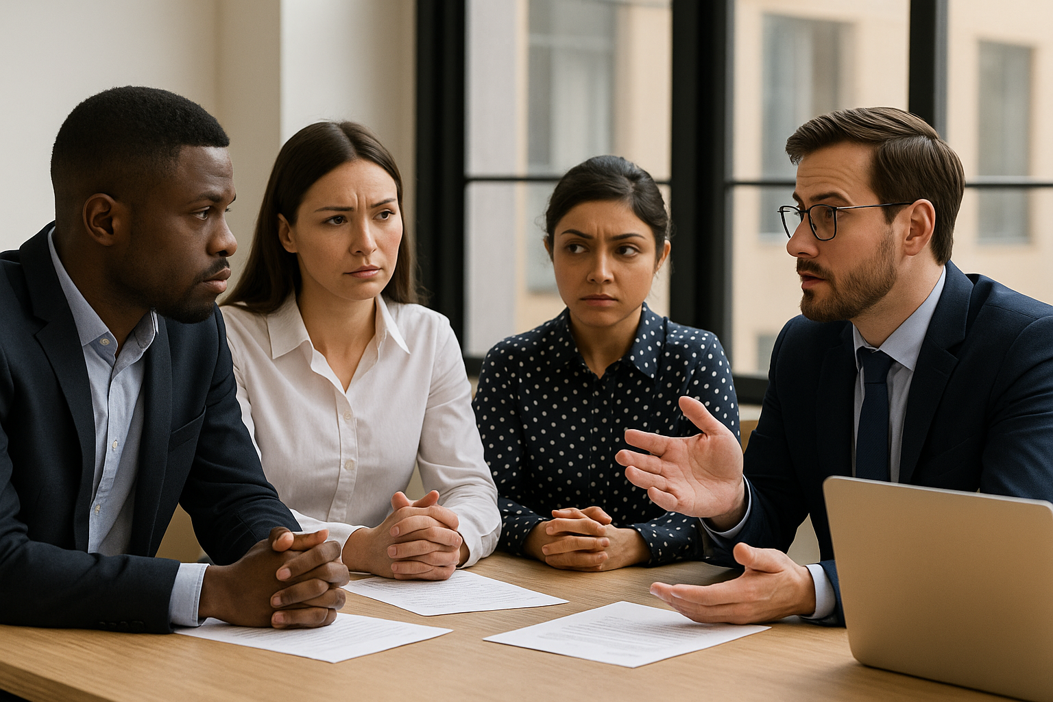 A group of professionals in discussion at a conference table, reflecting the role of shareholder disputes in business decision-making.