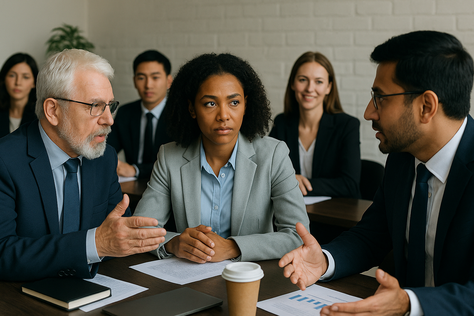 Multicultural business team in discussion during a meeting, reflecting the role of shareholder dispute solicitors in resolving conflicts.