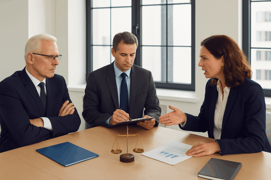 Solicitors discussing legal strategies in an office setting, representing professional advice on How to Resolve Shareholder Disputes.